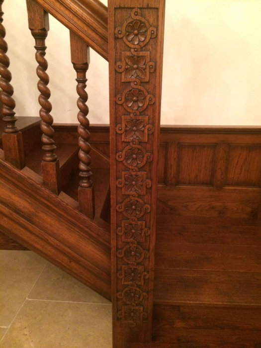Staircase Newel Post with Hand Carving and Barley Twist Spindles