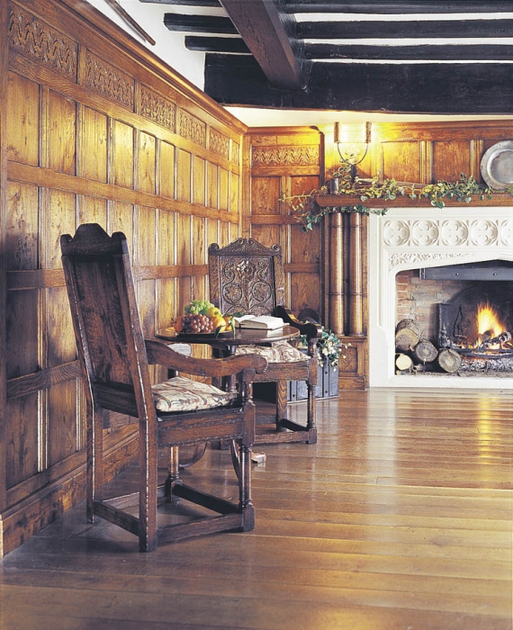 Solid Oak Flooring and Wall Panelling with Hand Carved Frieze