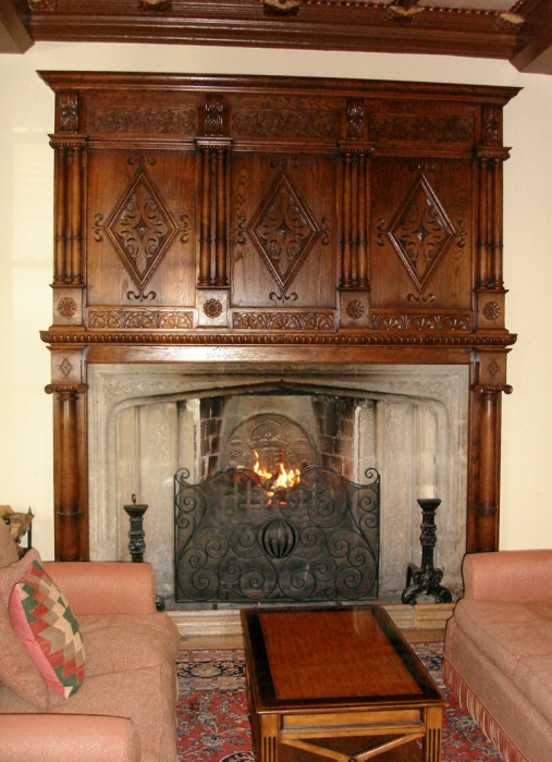 Hand Carved Oak Overmantle with Turned Columns