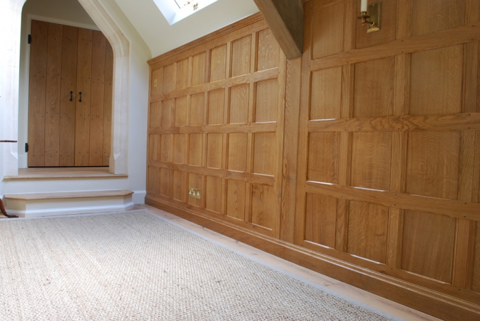 Solid Oak Panelling with Skirting and Cornice and a Pair of Oak Boarded Doors