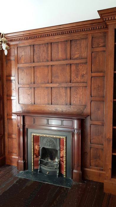 Solid Oak Panelling with Large Hand Carved Dentil Cornice and Fitted Oak Skirting