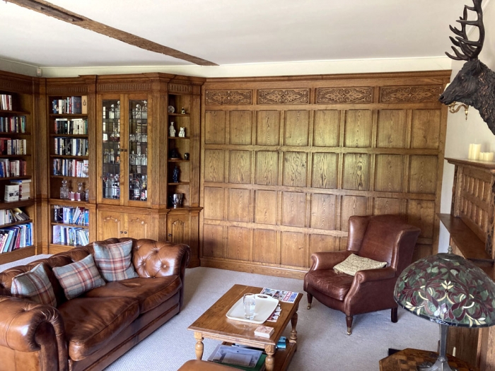 Solid Oak Wall Panelling with Hand Carved Frieze, Bookcases and Cabinet