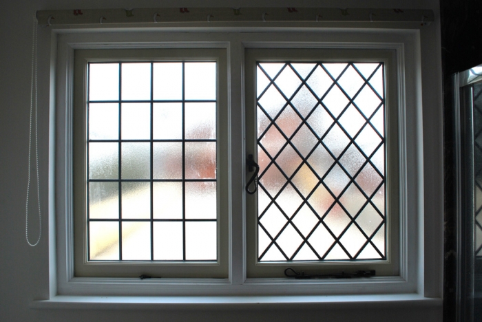 Painted Hardwood Window with Obscured Glass, Argon Gas Filled, Slim Double Glazed Units with Lead Lights