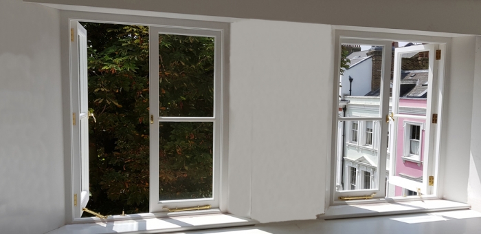 Painted Hardwood French Casement Windows with Slim Krypton Gas Filled Double Glazed Units and Brass Fittings