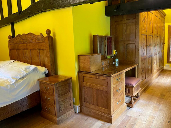 Solid Oak Hand Made Bed, Cabinet, Dressing Table and Stool, Wardrobe and Mirrors