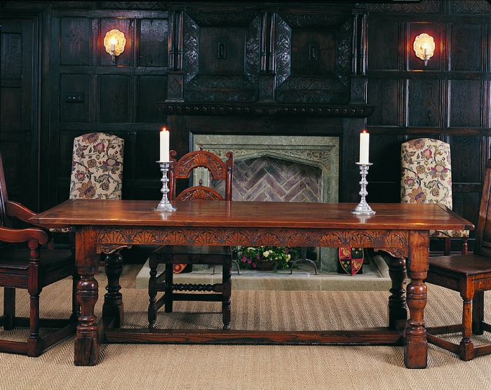 Oak Dining Table with Baluster Turned Legs and Lunette Carved Rails with Panel Back Armchair,Yorkshire Chairs and Fully Upholstered Chairs