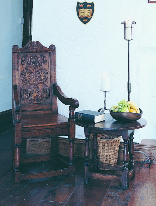 Carved Oak Panel Back Armchair and Side Table with Dropdown Flaps