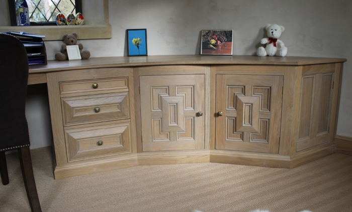 Curved Oak Desk with Geometric Style Cupboard Doors and Drawers with Soft Close Runners