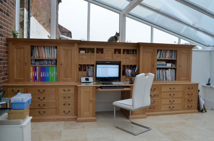 Oak Work Station with Cupboards, Drawers and File Drawers (and Catalogue Storage)