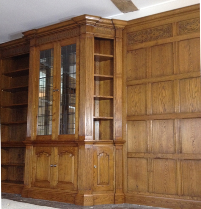 Oak Drinks/Display Cabinet with Corner Cupboard built into Panelling