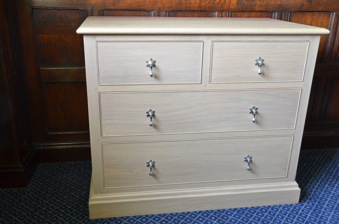 Oak Chest of Drawers with Pewter Handles, the Top Left Hand Drawer is a dummy and works as a Drop Down Flap