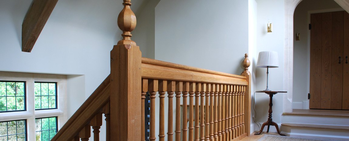 Oak Gallery with Turned Spindles and Hand Cut Newel Caps