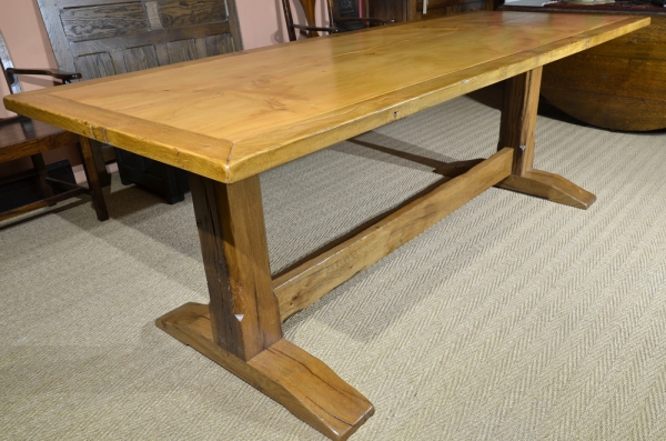 Bespoke Oak Trestle Table with a Single Cedar Board Top Lipped with an Oak Border