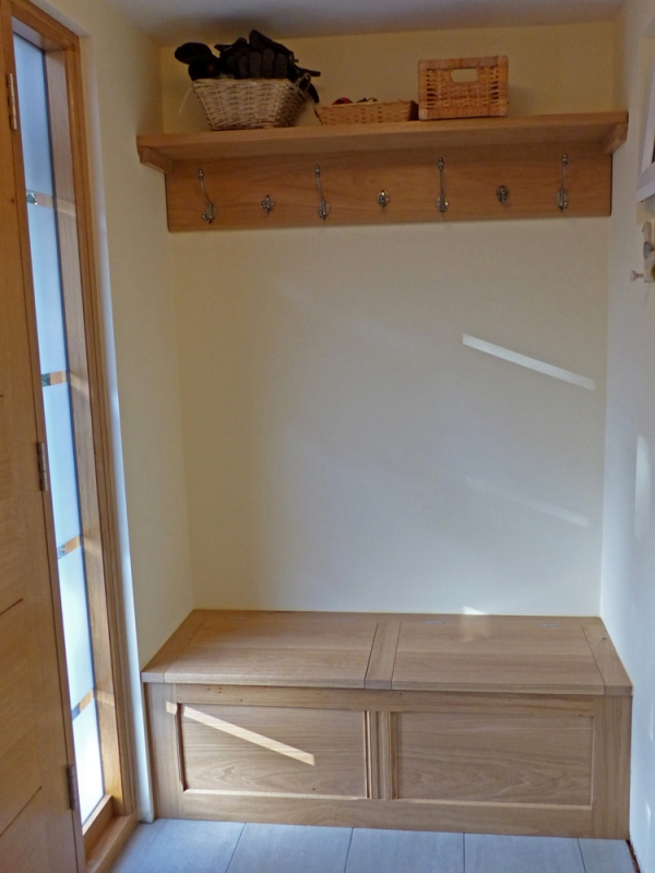 Oak shelf with Coat Hooks and an Oak Storage Seat