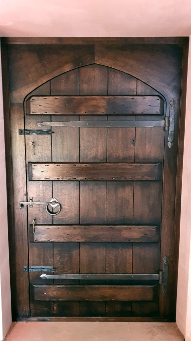 Traditional Boarded and Ledged Oak Fronr Door and Frame with bespoke Ironmogery