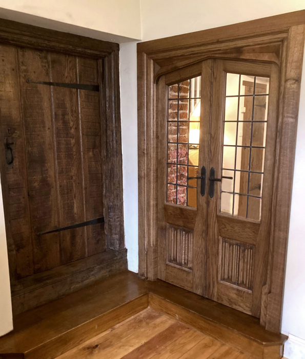 Character Oak Planked Door and Pair of Half Glazed Doors with Linenfold Panels and Carved Frame