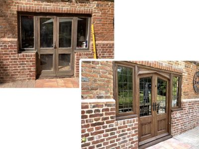 View of old patio door and the completed handmade oak patio door with side lights.